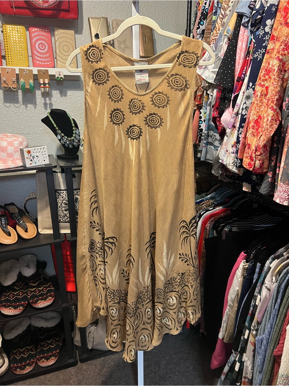 Sleeveless Gold Patterned A-Line Dress